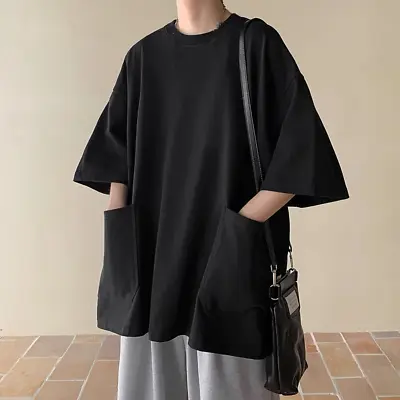 Men Raglan Half Sleeve Tee Top Harajuku Shirt Big Pocket T Shirt Loose Oversized • £18.37