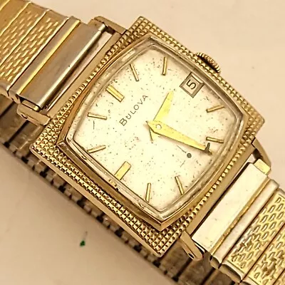 Ug6 Fancy Textured Bezel Vintage '65 Tv Mens Bulova 10k Rolled Gold Watch Run A+ • $85