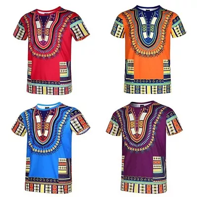 Men African T-Shirt Ethnic Tops Traditional Tee Short Sleeve Dashiki Shirt 3D • £15.56