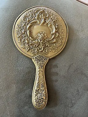 Vintage Victorian Repousse Floral   Style Hand Mirror Brass Mirror 9.5” X 5” • $30