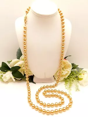Vintage Kjl Golden Faux Pearl 48  Glass Bead Necklace - Kenneth J Lane • $32