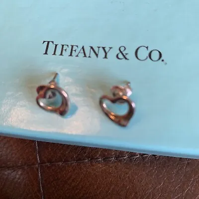Tiffany And Co. Elsa Peretti Open Heart Stud Earrings Silver Size Mini Pouch Box • $186.64