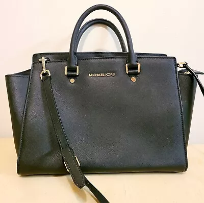 Michael Kors Selma Satchel 100% Saffiano Black Leather Large Crossbody Strap • $40.99