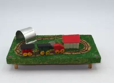 Dollhouse Miniatures Handcrafted Wood Toy Train Set Mounted On Table • $15