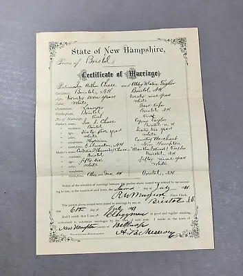 1881 Marriage Antique Certificate ~ Bristol New Hampshire Genealogy History • $19.96
