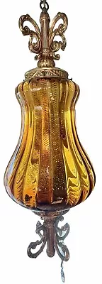 Beautiful Vintage MCM  Hanging Swag Ceiling Pendant Lamp Light Nice Amber Glass • $127
