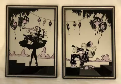 Pair Of Vintage 1920 Reverse Painted Glass Silhouette Ballerina & Harlequin • $39