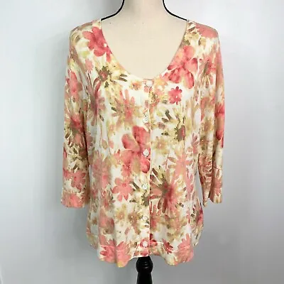 J. Jill Womens Antique Floral Silk Cashmere Blend Cardigan Sweater Size L Soft • $26.48