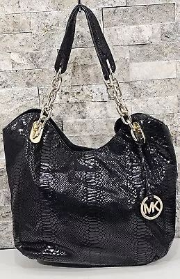 Michael Kors Lilly Black Leather Tote Python Embossed Shoulder Bag Chain Strap • $69.99