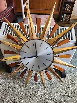 £60 • Buy Mid Century Metamec Sunburst Wall Clock Chrome Teak Brass Large Vintage Original