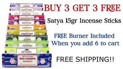 Satya Incense Sticks 15g & FREE Holder When You BUY 3 GET 3 FREE (6 IN CART) • $3.47