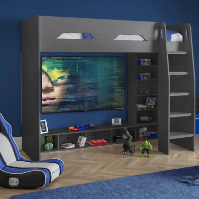 Grey High Sleeper Galaxy Wood Teenagers Gaming Bed 3ft Single With Shelves • £434.99