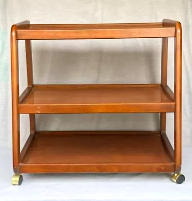 Mid Century Danish Modern Wood Serving Rolling Serving Bar Cart • $119.99