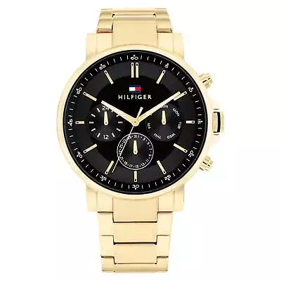 Tommy Hilfiger Gold Steel Black Dial Multi-function Men's Watch - 1710589 • $279