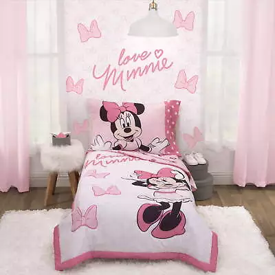 Disney Minnie Mouse 4-Piece Love Minnie Toddler Bedding Sets Toddler Bed Pink • $43.97