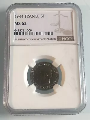1941 France 5Fr NGC MS63 • $330