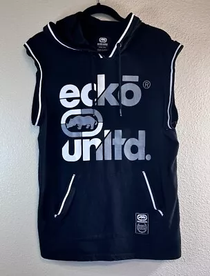 Ecko Unltd Hoodie Vest Mens Large Black Gray Big LOGO Pockets Sleeveless • $9.50