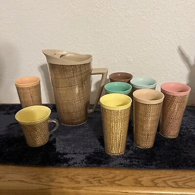 Vintage Raffia Ware Melmac Woven Burlap Insulated Tumblers And Pitcher MCM 9 Ea • $75