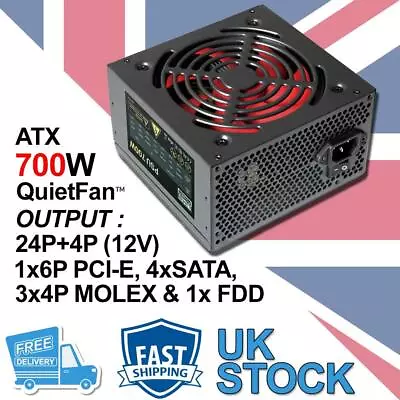 £26.75 • Buy LMS Data 700W PC Power Supply Unit Quiet 12cm Red Fan PSU ATX 6-Pin PCI-E SATA