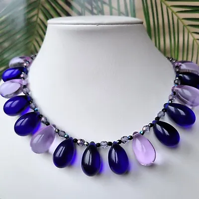 Necklace 18'' Blue/Purple Czech Glass Drop Old Beads WOMEN'S JEWELRY Art Deco • $49.99