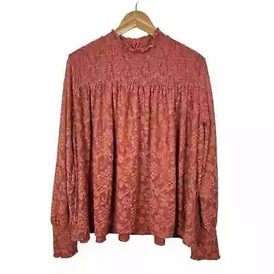 Anthropologie Deletta Amana Burnout Lace Top Size XL Smocked Sheer Mockneck Rust • $24.95