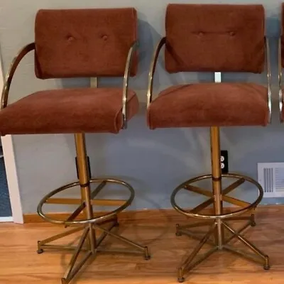 Milo Baughman Cal-Style 80s Brass Tufted Cushion Bar Stools Chairs Retro Vintage • $399.99
