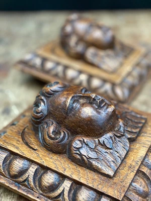 £160 • Buy PAIR OF ANTIQUE SOLID OAK CARVED WOOD PANELS CARVINGS OF CHERUB HEAD MASK 7 Inch