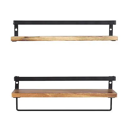 2x Floating Shelves Display Towel Bar Wall Mounted Rustic Wood Shelf Metal Rail • $45.95