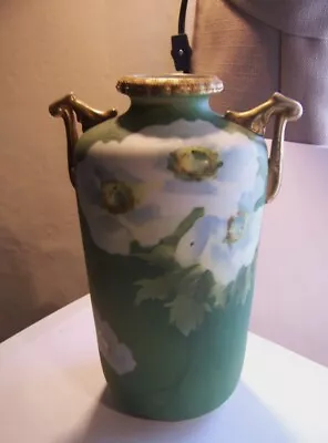 Vintage Hand Painted VASE Delicate White Poppies  On Green 2 Handled Vase Nippon • $29.99