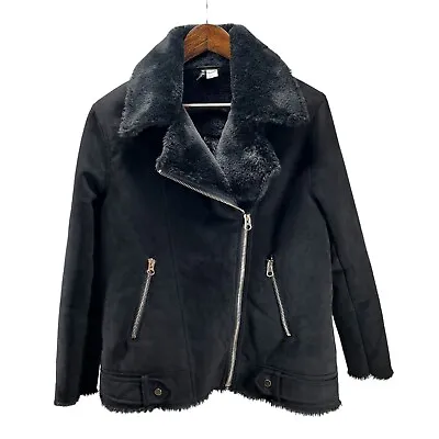 H&M Women Motorcycle Jacket Suede Solid Black Faux Fur Lined Casual Size 10 • $17.99