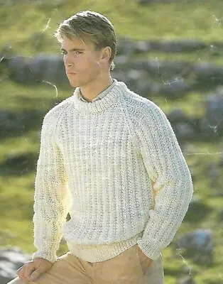  Knitting Pattern Mens Ladies Unisex Fishermen Ribbed Sweater Sizes 38-46 In • £1.75