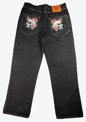 Ed Hardy Jeans Black Main Embroidered Graphic 40W 34.5L Great Condition • £135