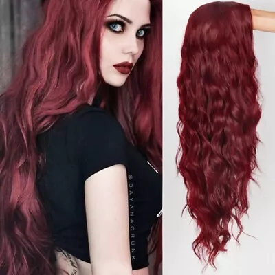 Synthetic Wigs Women Long Wavy Heat Resistant Synthetic Dark Wine Red • £9.99