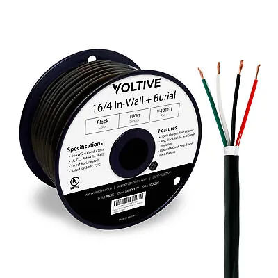 Voltive 16/4 Speaker Wire - CL3 - In-Wall/Direct Burial - OFC - 100ft - Black • $62.99