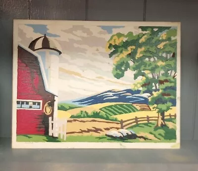 Vintage Paint By Number Red Barn Silo Fields Clouds Fence Mountains No Frame  • $26