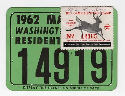 Maryland 1962 Big Game Hunting Firearms Stamp On License  • $29.99