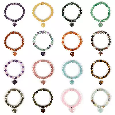 8mm Fashion Round Gemstone Beads Heart Stretchable Bracelet 7 Inch • $5.29