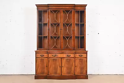 Georgian Carved Flame Mahogany Breakfront Bookcase Cabinet By Fancher 1940s • $2995
