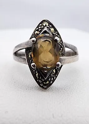 Sterling Silver 925 CW Charles Winston Smokey Quartz Marcasite Sz 8 Ring Ag23348 • $85