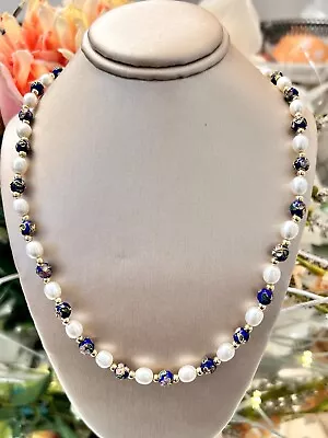 14k Yellow Gold Pearl Blue Cloisonné Strand Beaded Necklace 18” • $99.99