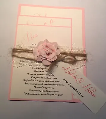 Handmade Lace And Flower Wrap Personalised Wedding Invitation Set • £2.50