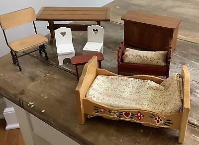 Lot Of 8 Vintage Doll House Furniture Pieces Swedish Bed Chairs Table &more Wood • $19.99