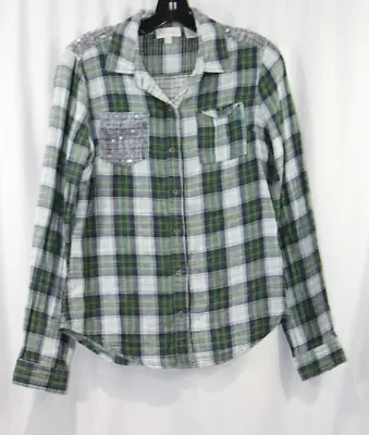 Miss Me Womens Green Blue Plaid Embellished Button Up Shirt S  • $9.99