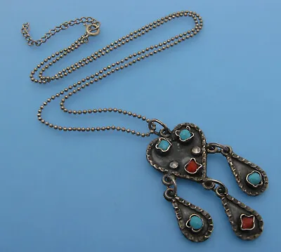 Vintage Sterling Silver Turquoise Coral Heart Dangle Pendant Necklace CII Mexico • $112.50