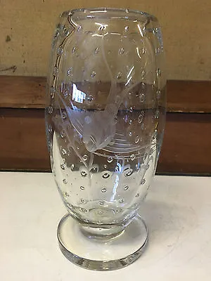 Vintage Swedish Art Glass Clear Vase W/ Gold Fish Etching & Bubbles Decoration • $115