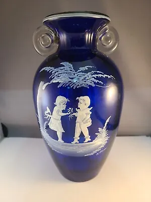 Mary Gregory Style Cobalt Blue Vase Swirl Handles Hand Painted Signed 10  • $35