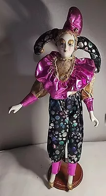 VINTAGE Mardi Gras Court Jester Clown Porcelain Doll Blue Pink And Black  18  • $25