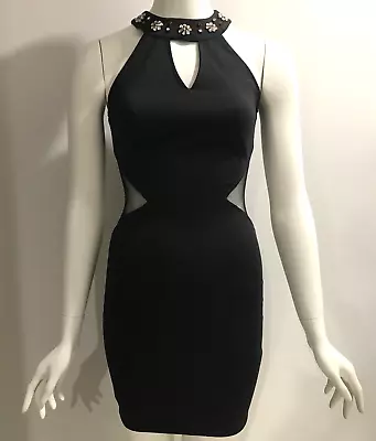 Hot Options Dress Black Size 6 Bodycon Halter Keyhole Beaded Neck Stretch Party • $22