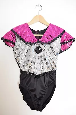 Vintage 80s Bodysuit Black Silver Sparkly Dance Costume Romper Top Leotard XS • $41.02