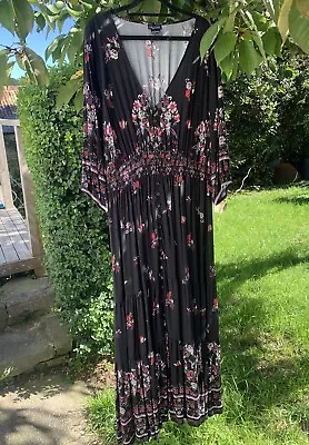 City Chic S Maxi Dress Size 18-20 Black Boho Lyre Bird Print Long • $50